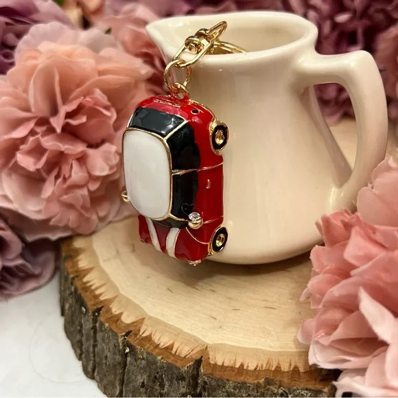 Retro Red and White Mini Cooper Car Keychain Charm - Picture 3 of 16